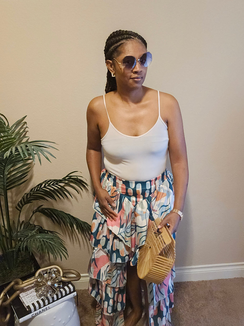 Tropical vibes| ruffled high-low skirt | green&pink multi color