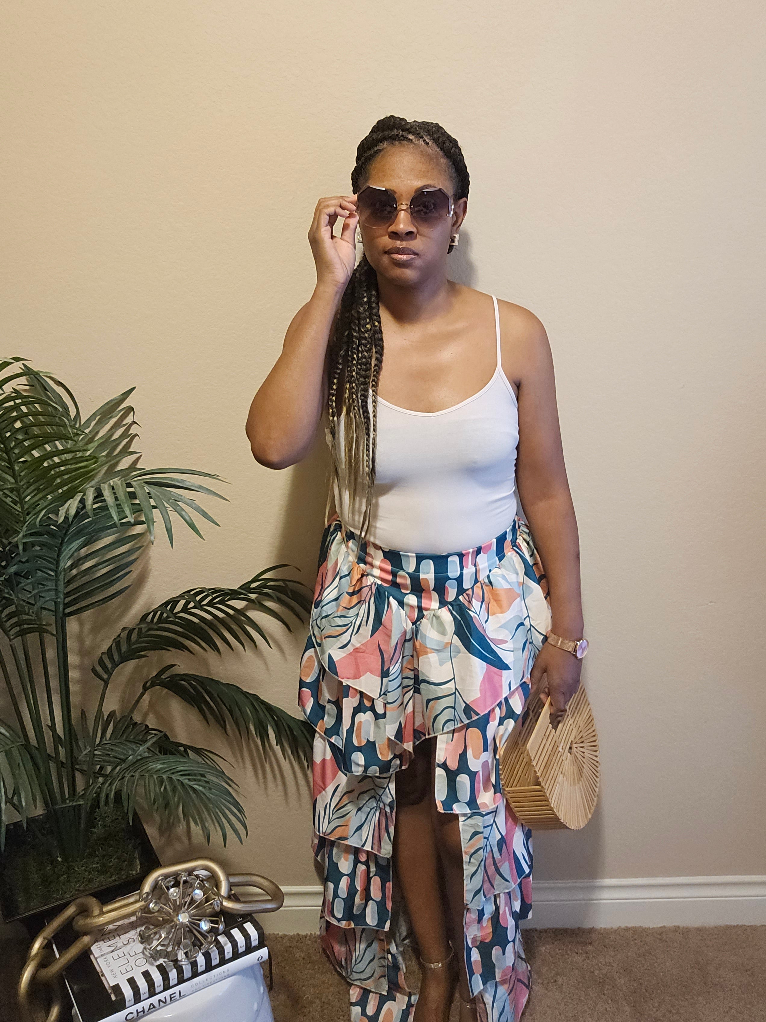 Tropical vibes| ruffled high-low skirt | green&pink multi color