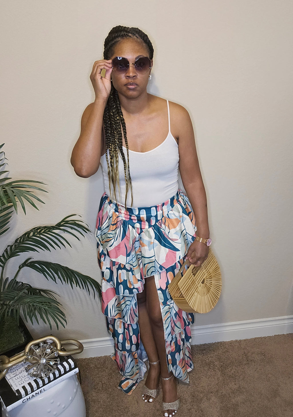 Tropical vibes| ruffled high-low skirt | green&pink multi color