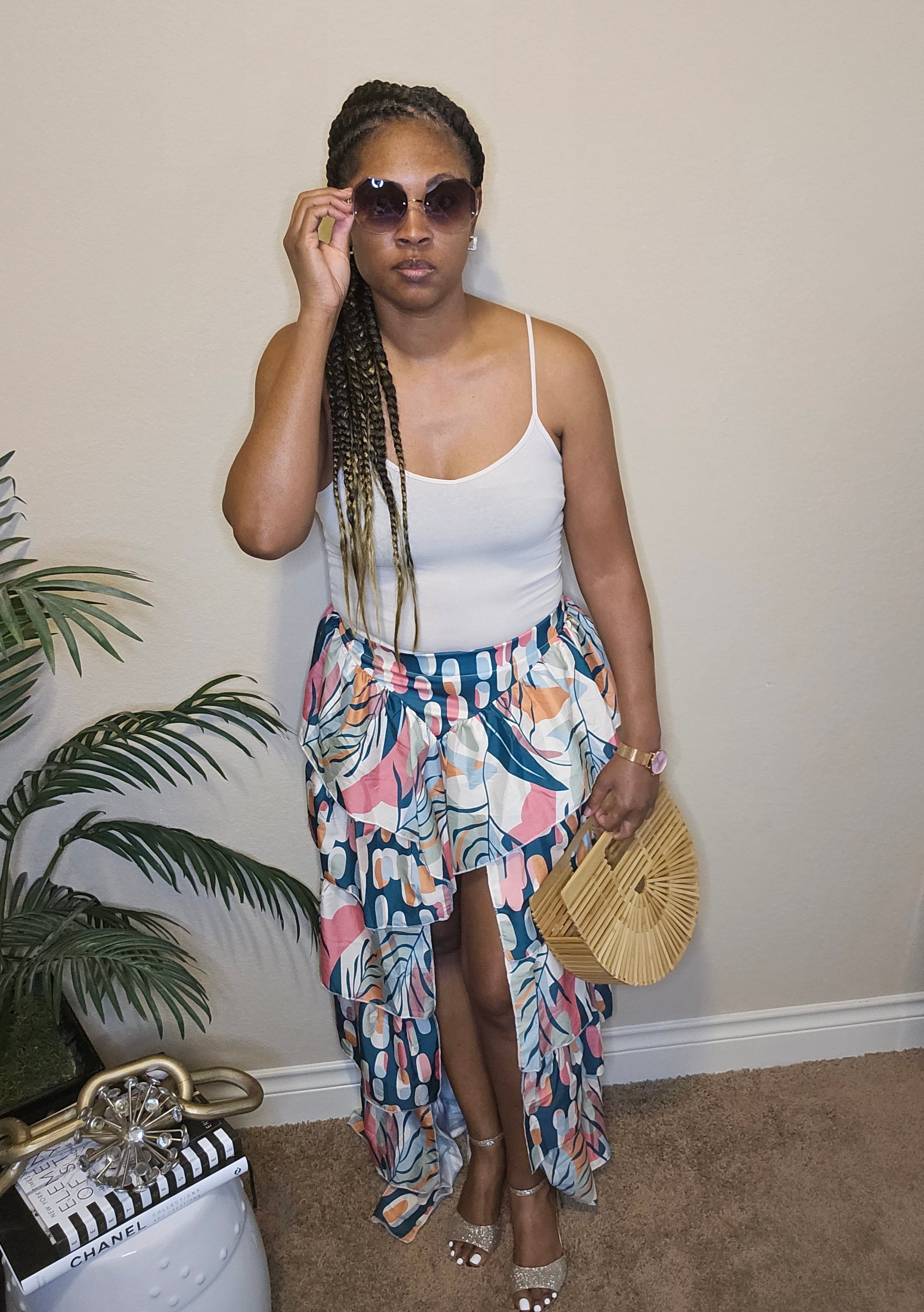 Tropical vibes| ruffled high-low skirt | green&pink multi color