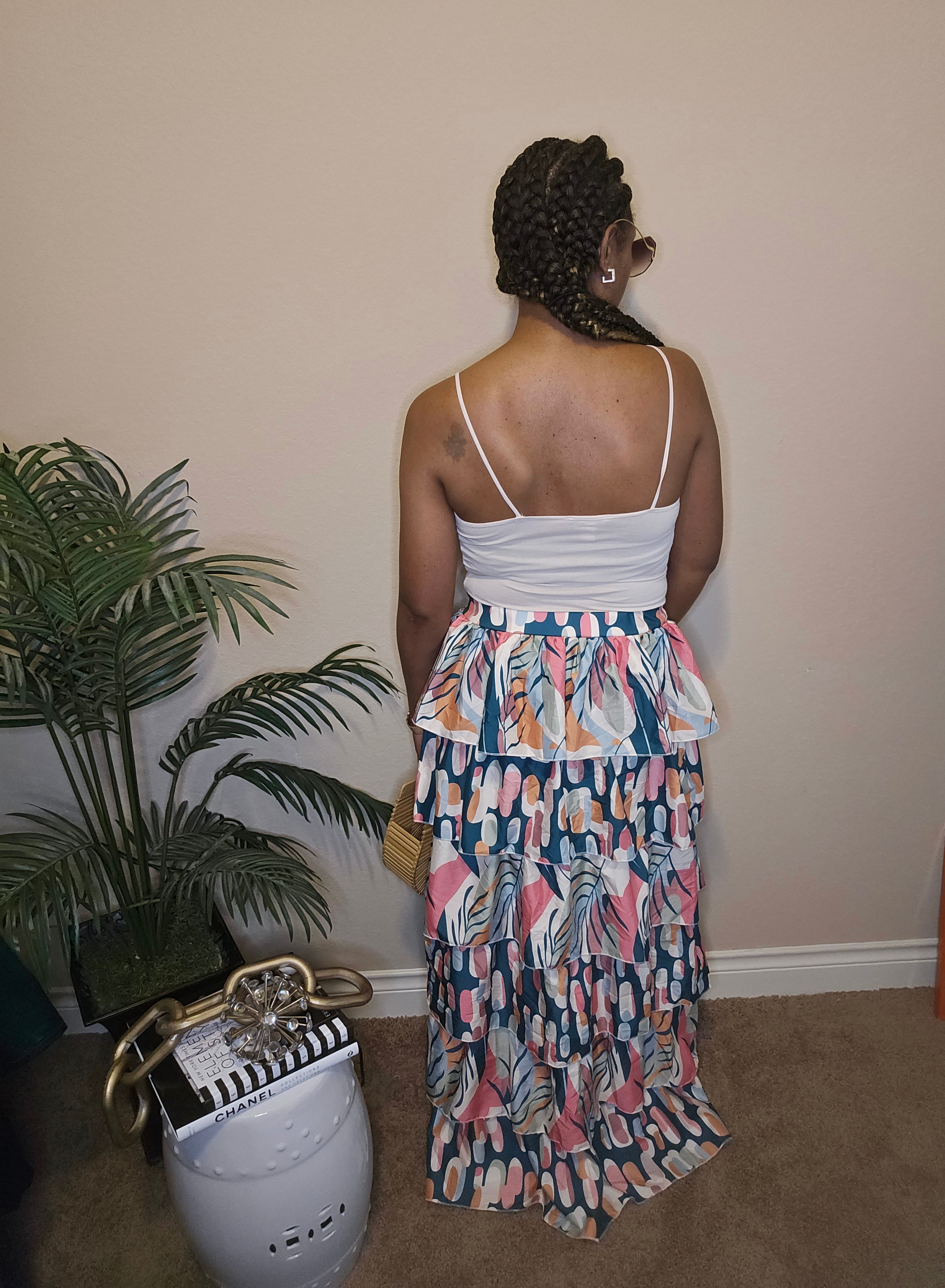 Tropical vibes| ruffled high-low skirt | green&pink multi color