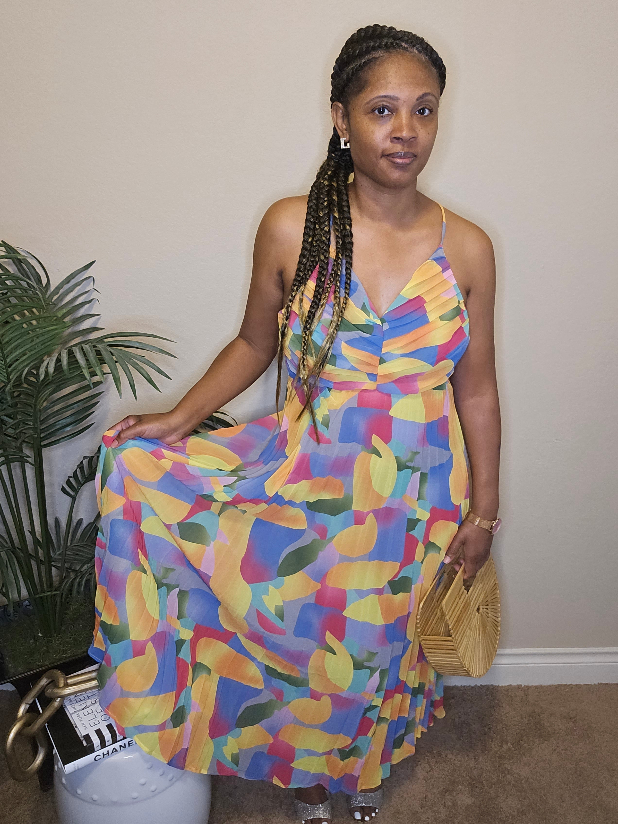poolside| pleated maxi dress| yellow& multi color