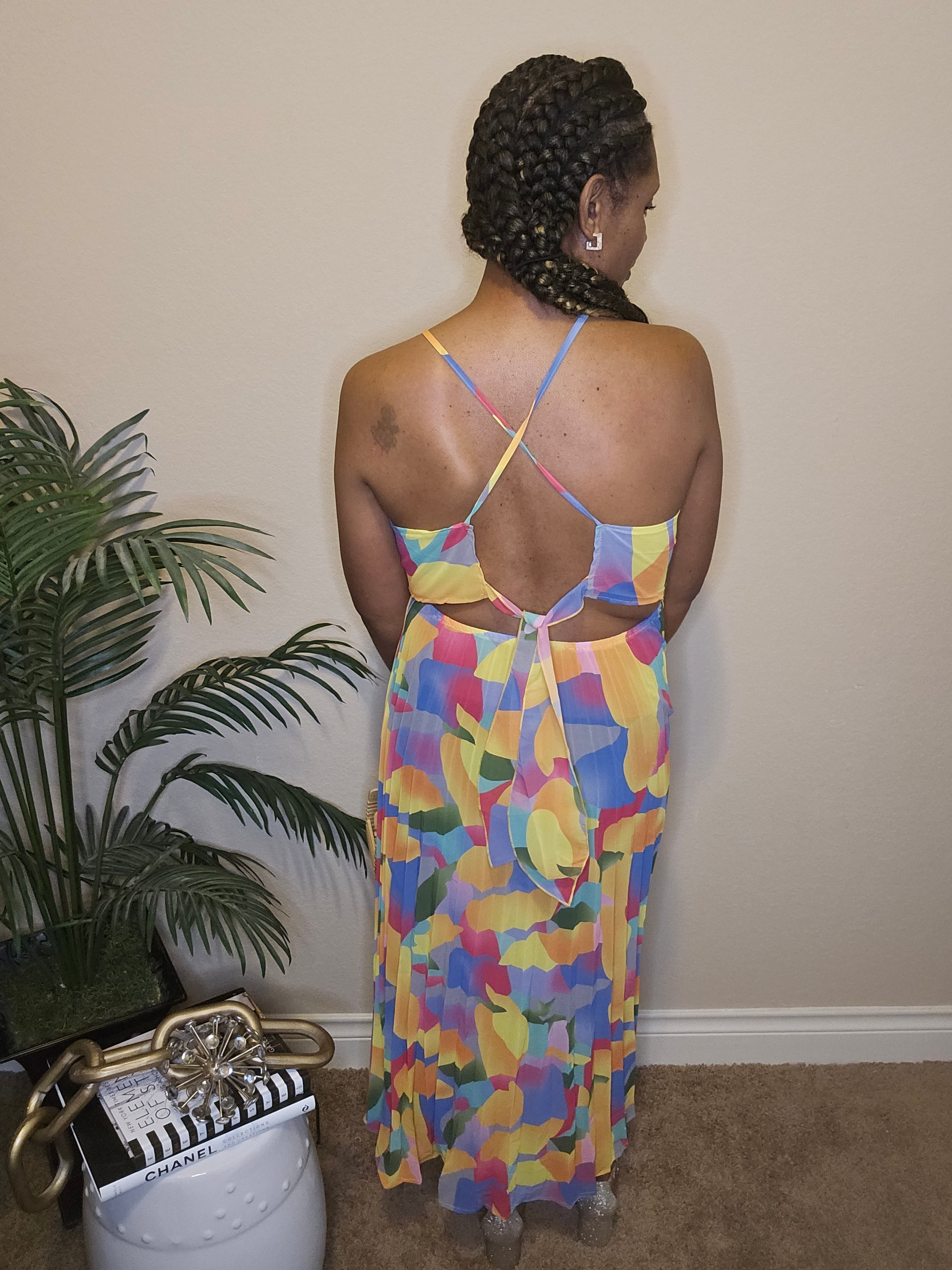 poolside| pleated maxi dress| yellow& multi color