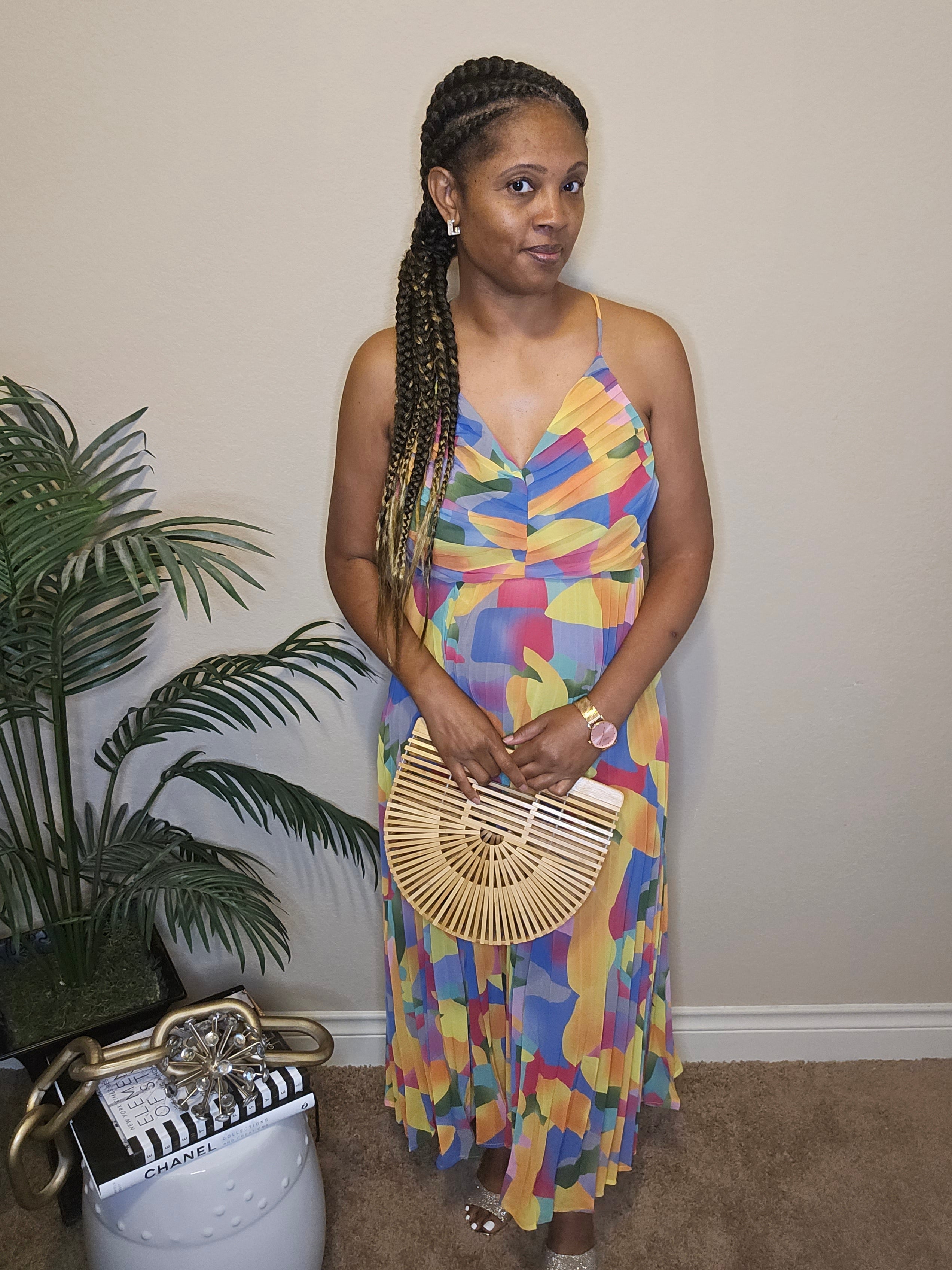 poolside| pleated maxi dress| yellow& multi color