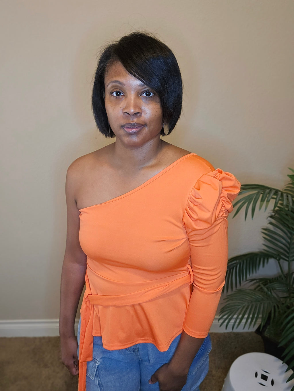 ONE SIDE PUFF SLEEVE|TOP| ORANGE