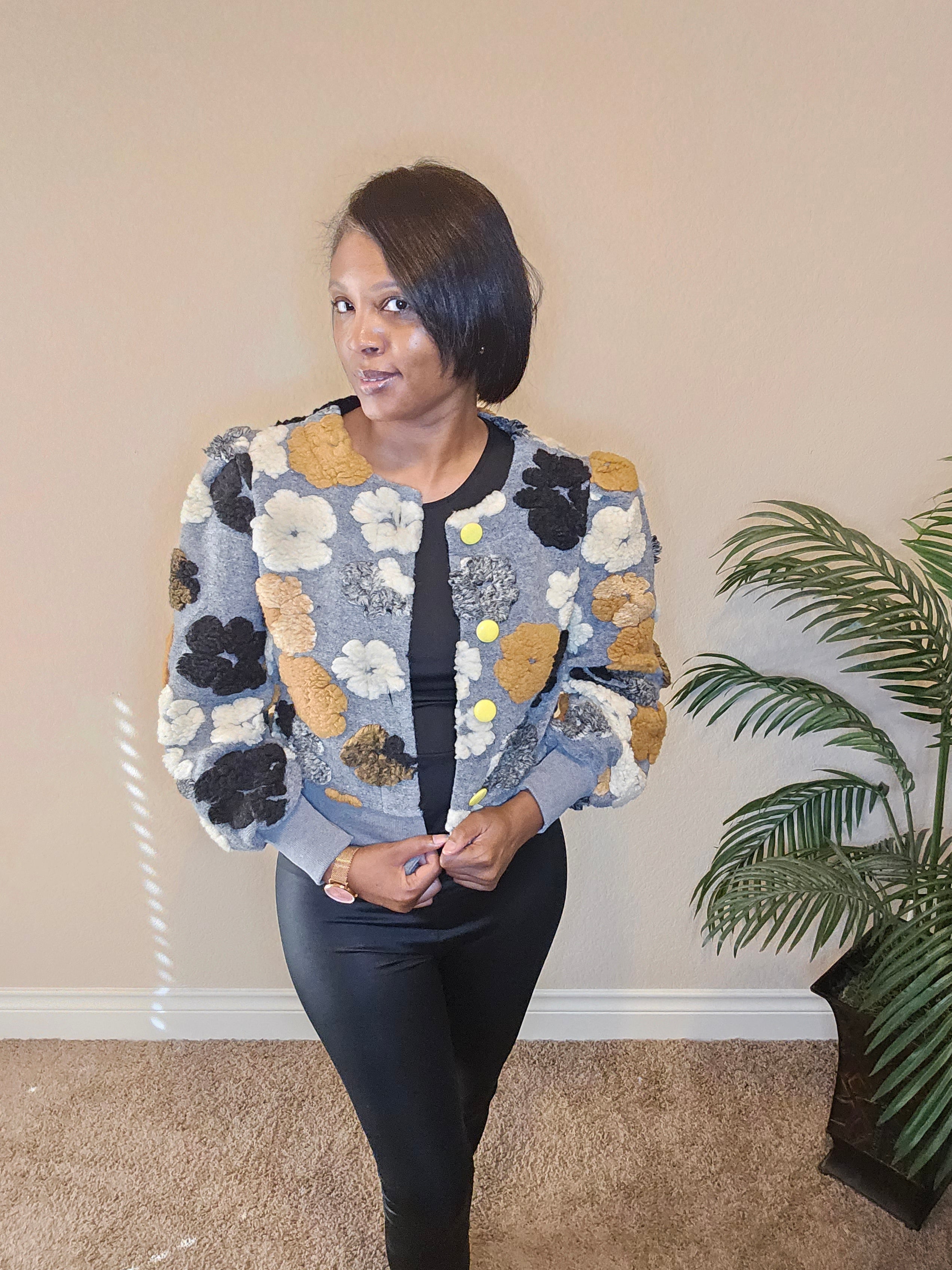Fall flowers bomber jacket| top| grey&black multi color