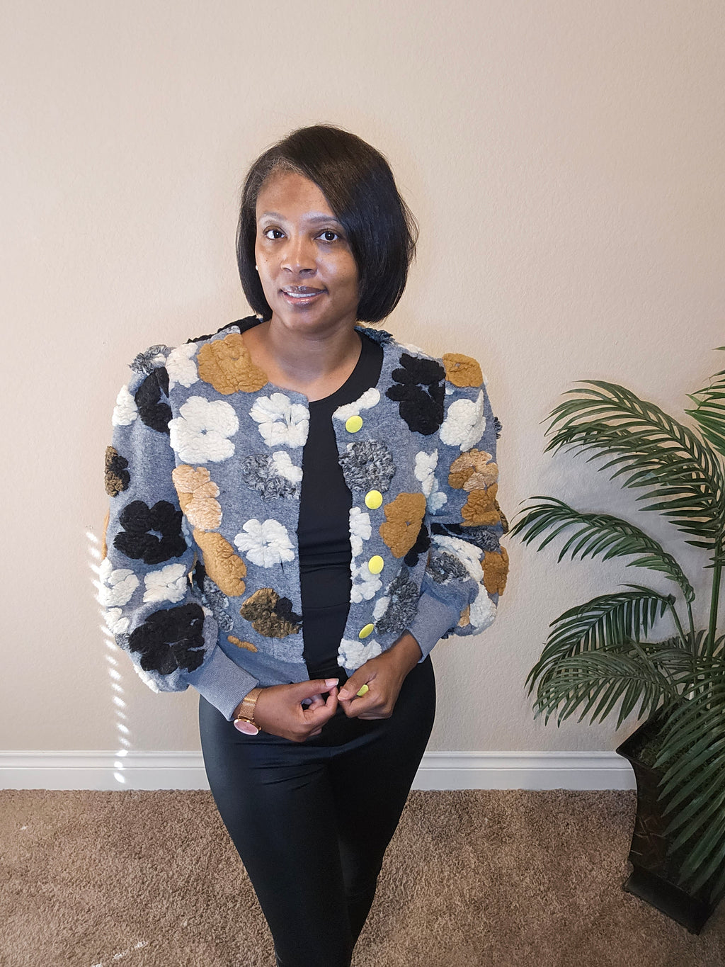 Fall flowers bomber jacket| top| grey&black multi color