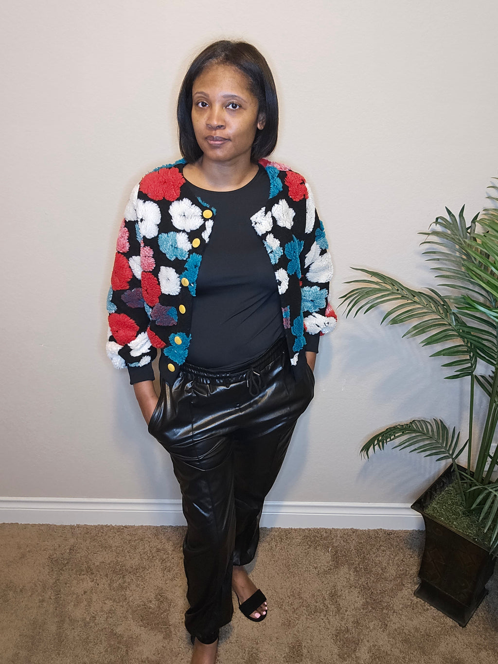 red floral jacket|Fall flowers bomber jacket| black & red multi color