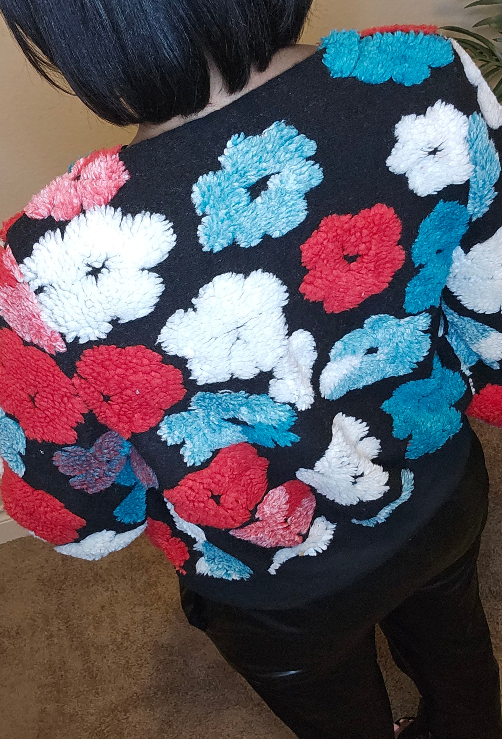 red floral jacket|Fall flowers bomber jacket| black & red multi color