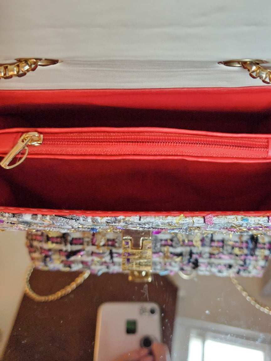 Pink tweed stitched handbag| Pretty in pink handbag