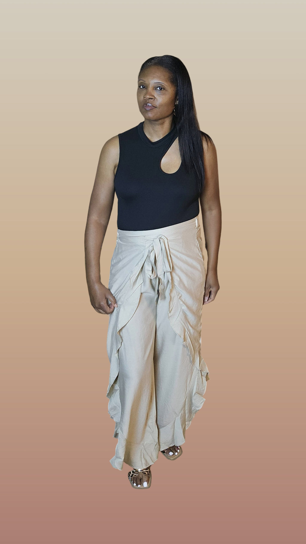 Tan ruffle pants| Rich vibes pants