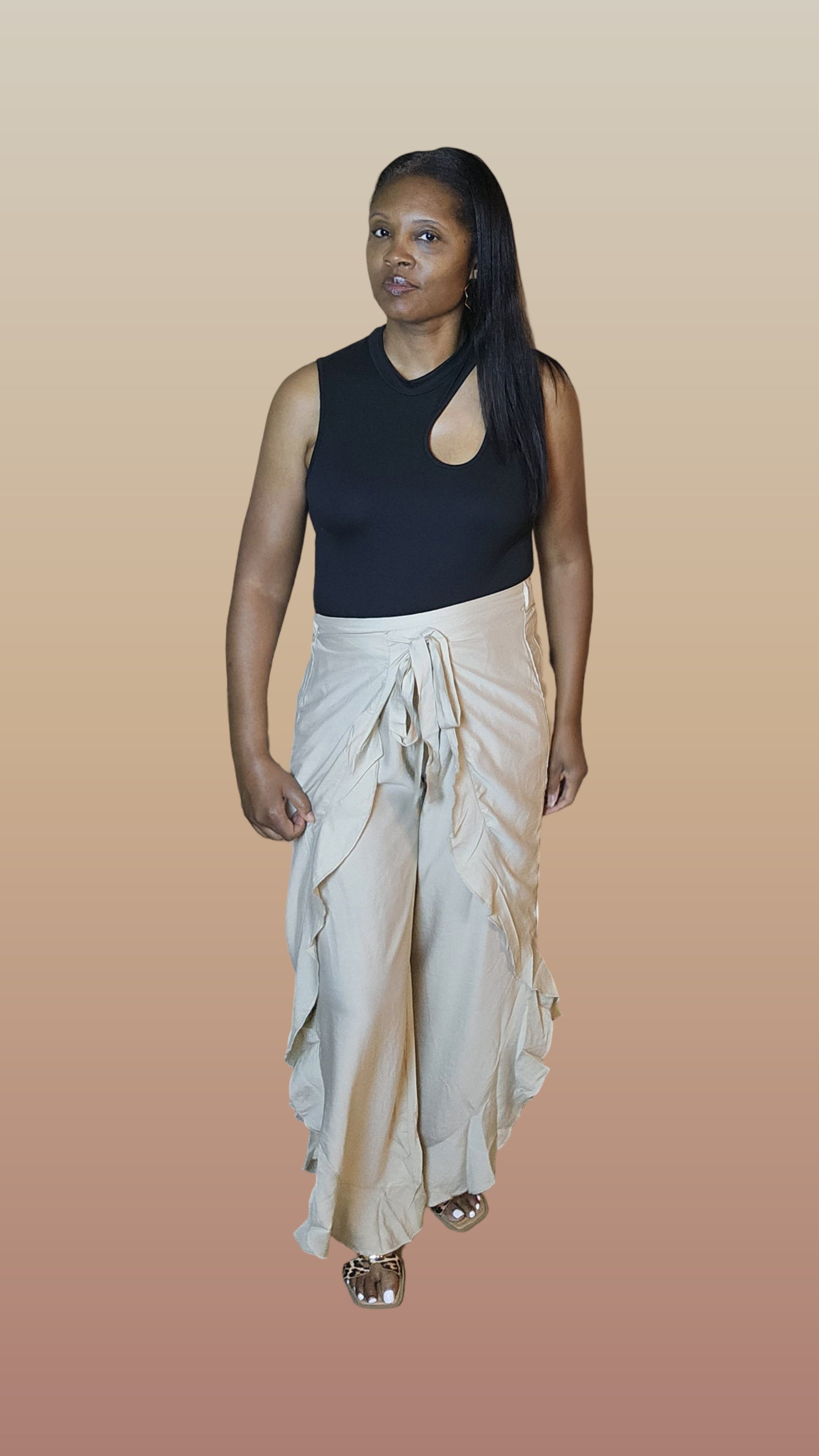 Tan ruffle pants| Rich vibes pants