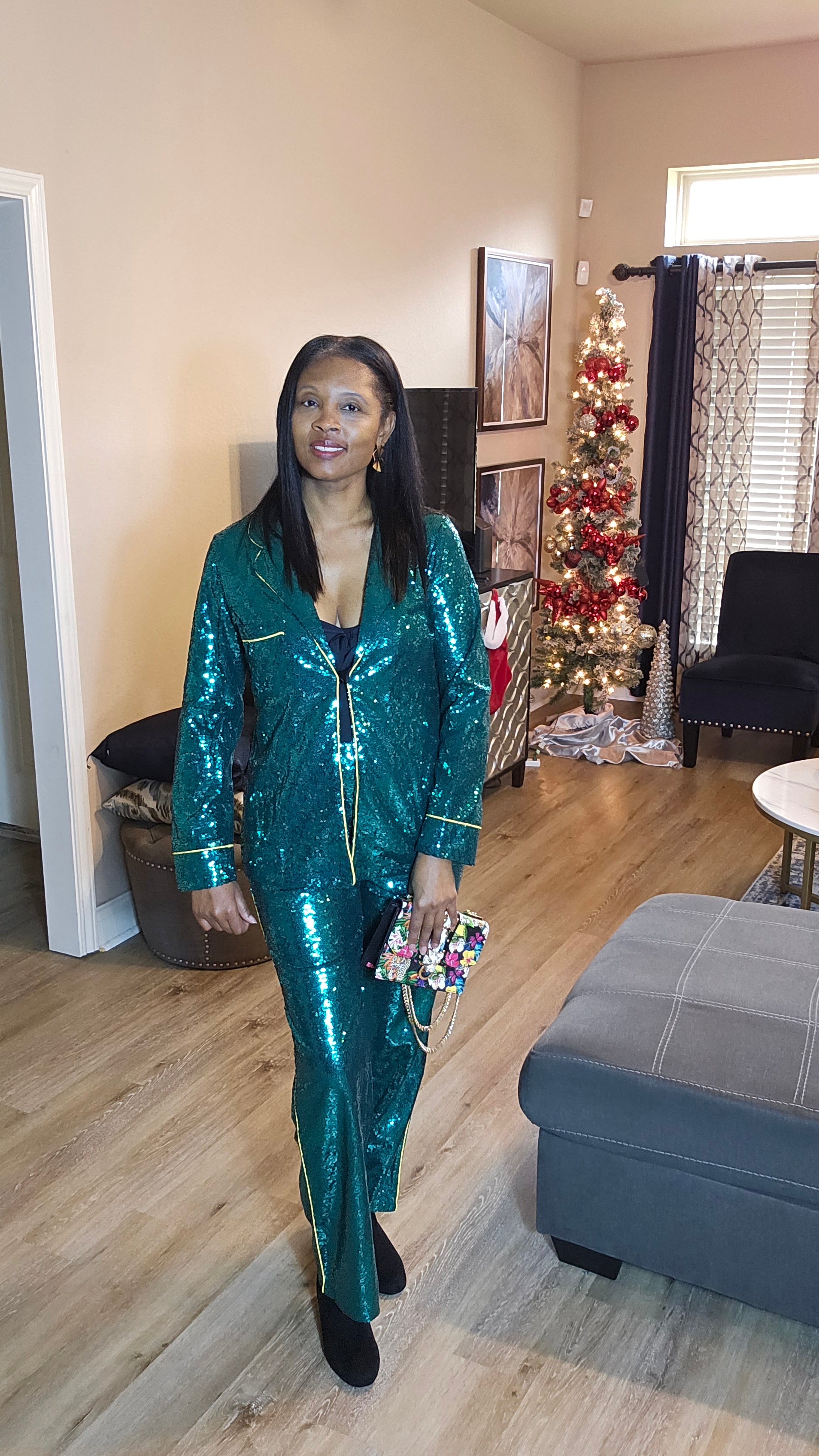 Green  sequin pant set|ionic look pant set