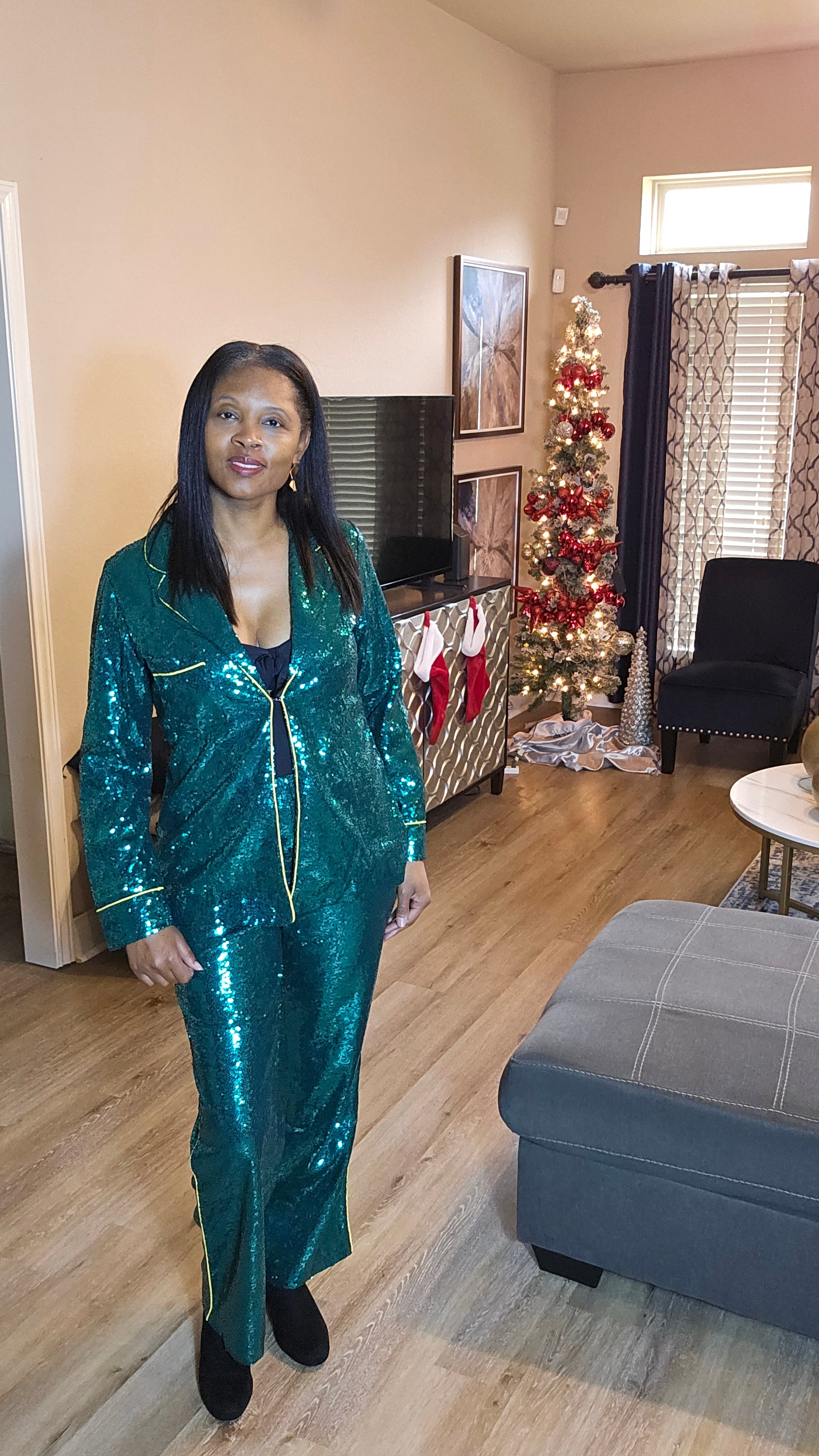 Green  sequin pant set|ionic look pant set