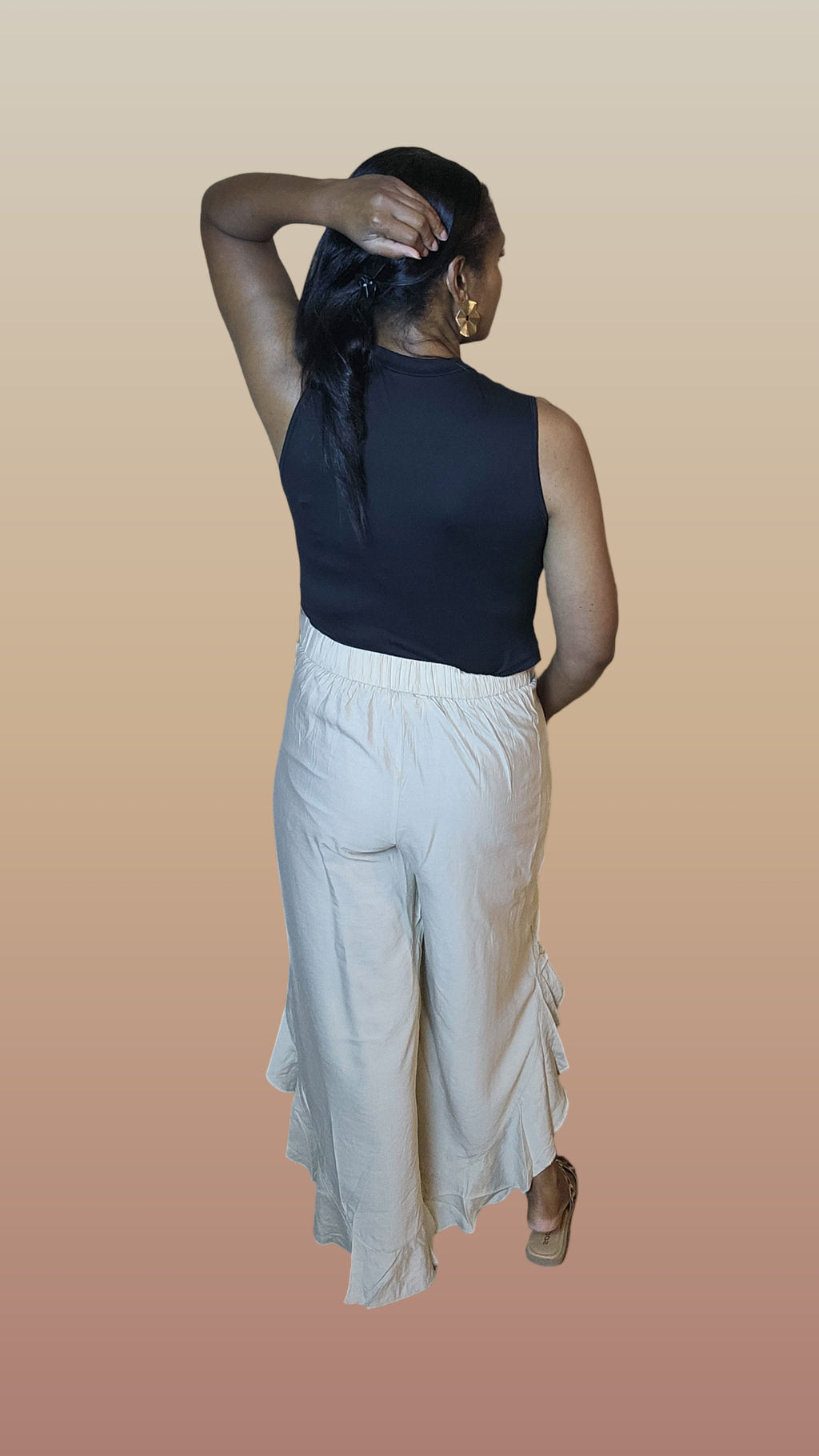 Tan ruffle pants| Rich vibes pants