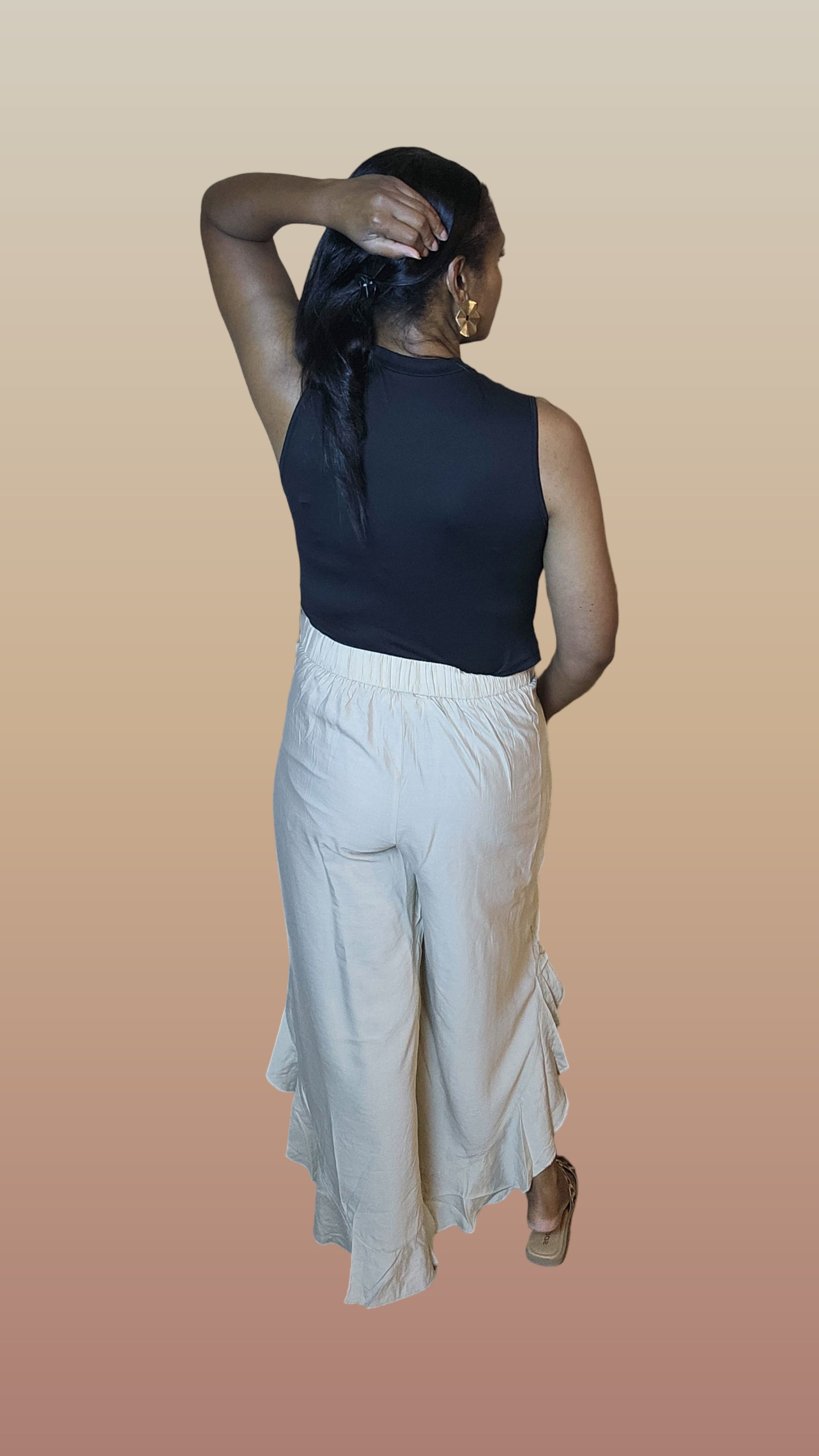 Tan ruffle pants| Rich vibes pants
