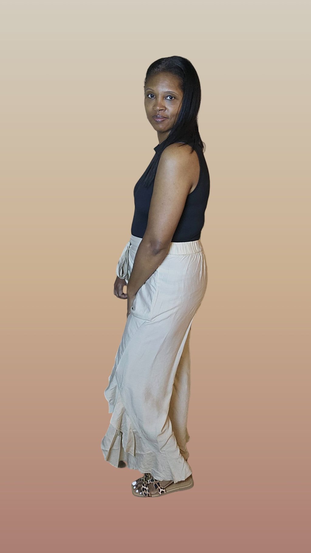 Tan ruffle pants| Rich vibes pants